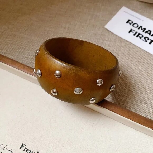 Western Style Silver Studded Dark Coffee Wood Wide Bangle Bracelet Southwest - Picture 2 of 2